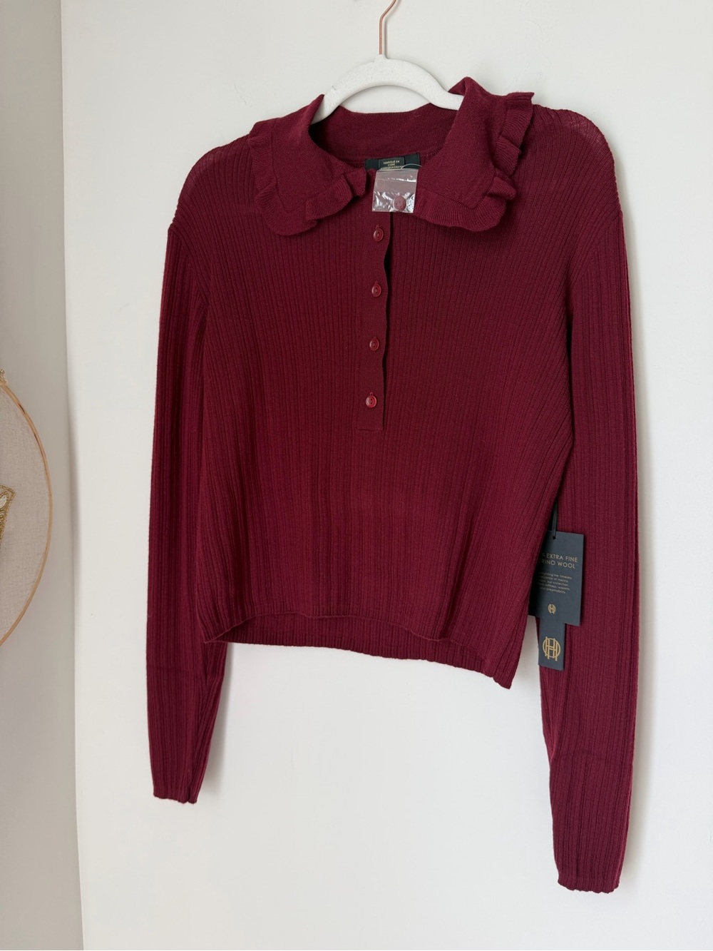 Burgundy button up merino wool long sleeve top